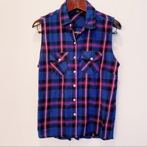Plaid Sleeveless Button Up